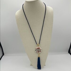 3.23.26-24 Vintage Cloisonné Round Pendant on Blue Cord with Tassel